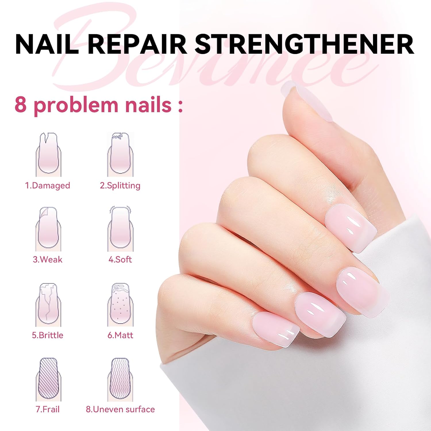 Nail Strengthener and Growth Natural Nails Hardener Pink Nail Repair Strengthening Polish Ridge Filler for Weak and Damaged Nails 12ML-Velvo Beauty