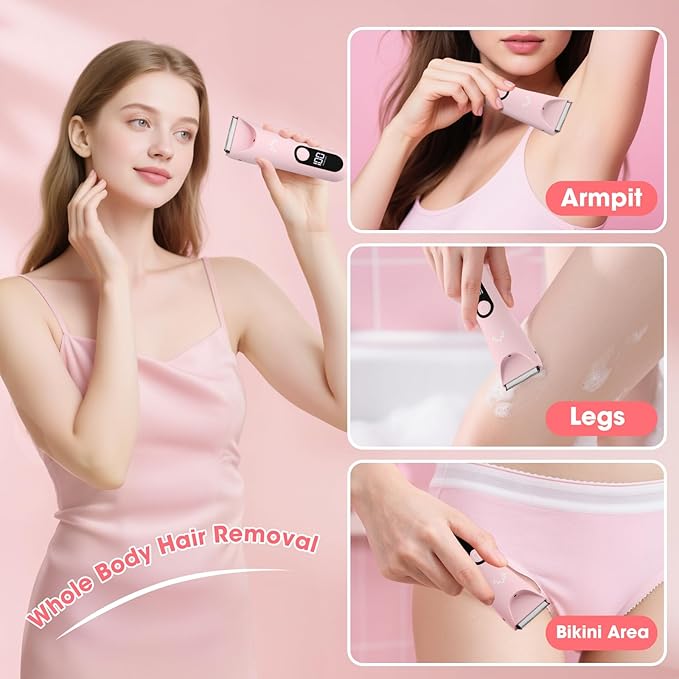 Bikini Trimmer for Women, Painless Pubic Hair Trimmer for Armpit Leg Arm Body Private Area,Rechargeable Womens Electric Razors Shaver LED Light Ceramic Blade IPX7 Waterproof Wet/Dry LCD Display,Pink-Velvo Beauty