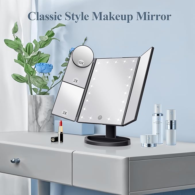 HUONUL Makeup Mirror Vanity with Lights, 2X 3X 10X Magnification, Lighted Mirror, Touch Control, Trifold Dual Power Supply, Portable LED Women Gift (Black)-Velvo Beauty