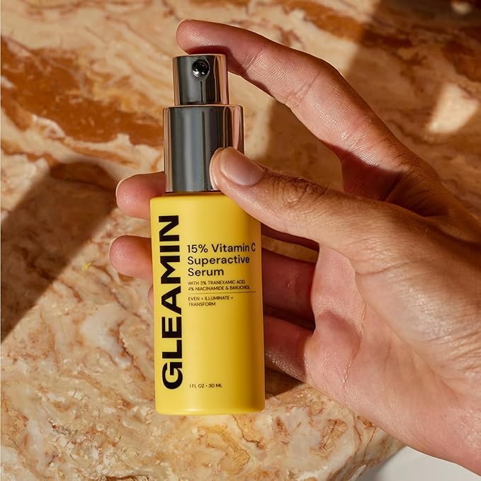 Gleamin Superactive Vitamin C Serum for Face with 15% Vitamin C, Niacinamide, Bakuchiol & Hyaluronic Acid – Skin Brightening Facial Serum for Women & Men – Dark Spot Remover & Radiant Glow – 1 fl oz-Velvo Beauty