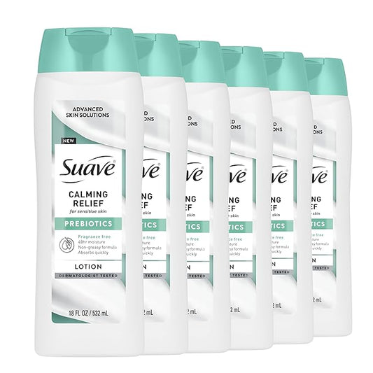 Suave Calming Relief Hand & Body Lotion for Women With Prebiotics For Sensitive Skin, Fragrance & Allergen Free, Helps Restore Skin's Moisture Barrier, 18 FL OZ, 6 Pack-Velvo Beauty