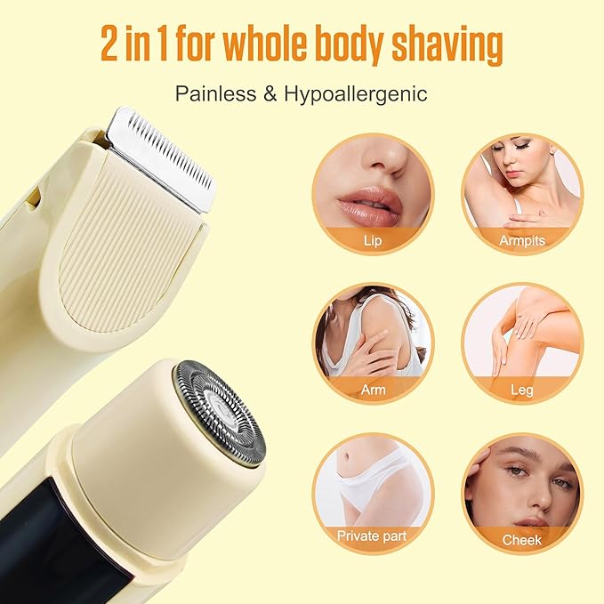 2 in 1 Bikini Trimmer for Women Dual Head Electric Shaver with LED Display,IPX7 Waterproof Wet & Dry, Painless Shaver for Underarm Leg Arm Body Face Private Area Khaki-Velvo Beauty