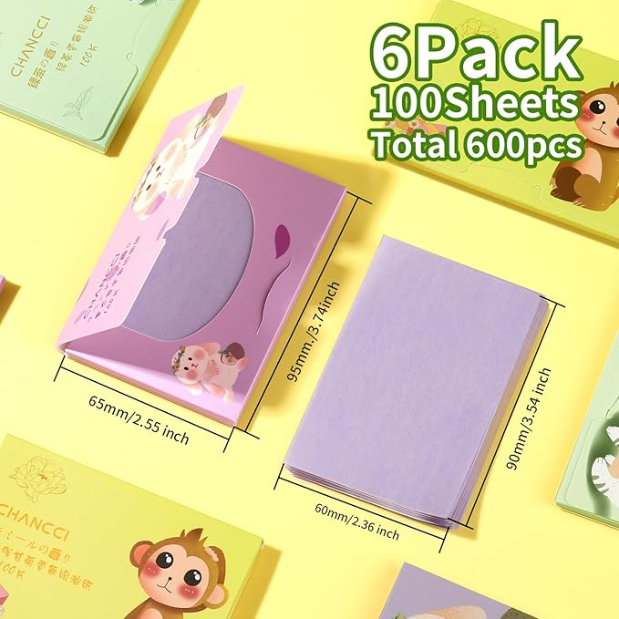 Blotting Paper, HNYYZL Oil Absorbing Sheets for Oily Skin 600 Sheets, Oil Control for Face, Makeup Blotting Paper, Natural Oil Absorbing Facial Blotting Sheets for Oily Skin Care (Pack of 6)-Velvo Beauty