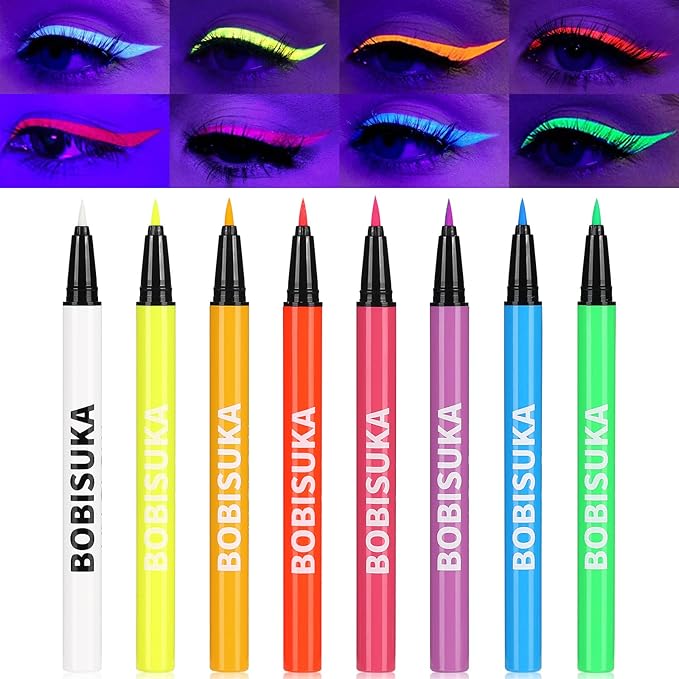 BOBISUKA 8 Colors UV Neon Liquid Eyeliner Set, Matte Colored Eyeliners Pen, Colorful Waterproof Smudge-proof Pigmented Graphic Liners, Delineadores de Colores Para Ojos Eye Makeup Gift Kit-Velvo Beauty