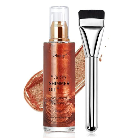 Shimmer Body Oil-Golden Brown Face Brighten Pearl Highlighter Liquid Illuminator Body Glow Oil,4 Color Bronze Makeup Glitter Body Shimmer Oil with Makeup Brush-Velvo Beauty