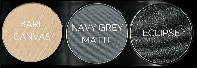 Off White, Matte Medium Grey Blue, and Glitter Black Deep Navy Blue Vegan Eyeshadow Trio Palette; Talc, Paraben & Cruelty Free-Velvo Beauty