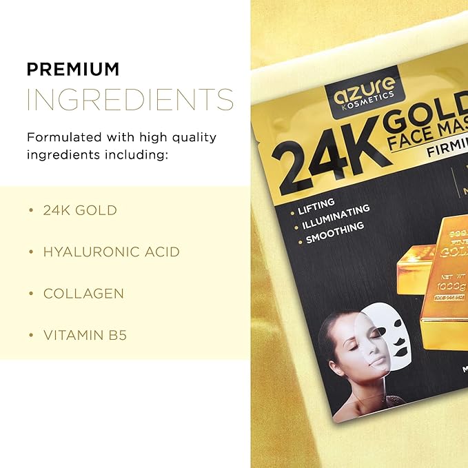AZURE 24K Gold Face Mask- Anti Aging, Hydrating, Toning Facial Mask - Helps Reduce Wrinkles & Fine Lines with Hyaluronic Acid & Collagen - Skin Care Made in Korea - Pack of 10-Velvo Beauty