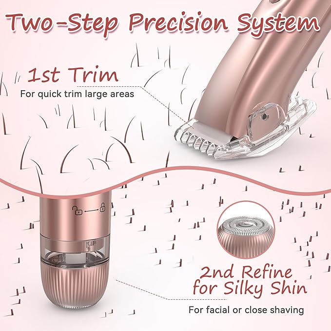 Bikini Trimmer for Women - 2 in 1 Electric Body Hair Trimmer for Silky Skin, Cordless Body Shaver for Travel, IPX7 Waterproof & Easy to Clean, Replaceable Ceramic Blade Heads, Rose Gold-Velvo Beauty