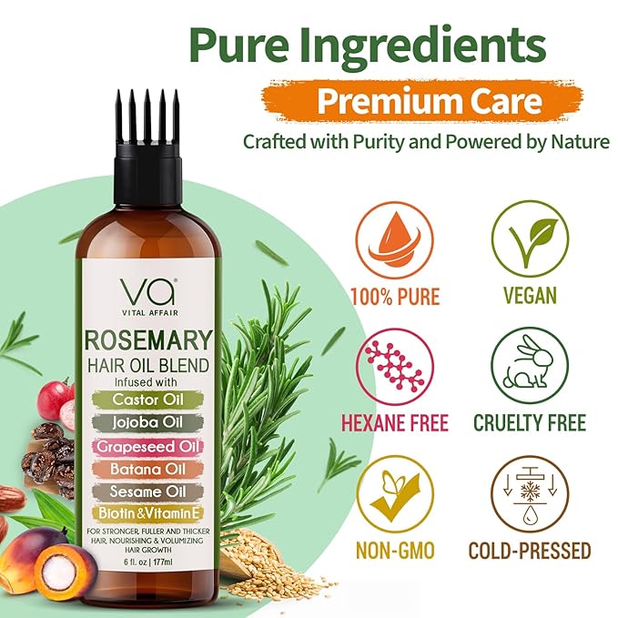 Blend Of Pure Rosemary Oil For Hair Growth With Castor, Batana, Jojoba Oil-Infused With Biotin & Vitamin E-Blend of Effective Hair Oils for Hair Growth-Strengthening Treatment 6 Fl Oz-Velvo Beauty