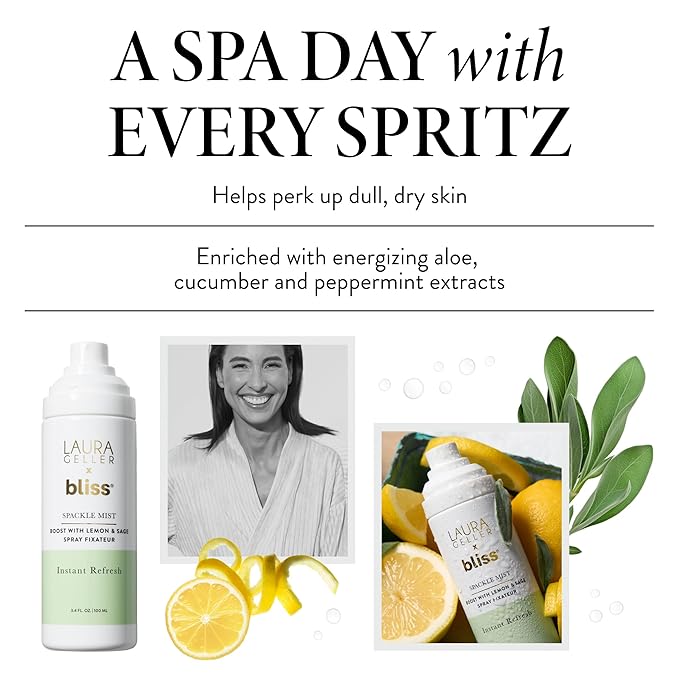 LAURA GELLER NEW YORK x Bliss Spackle Mist Boost with Lemon & Sage - Long-Lasting Dewy Skin Makeup Setting Spray - Brighten and Soothe Dull Skin-Velvo Beauty