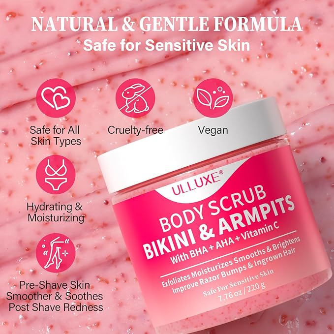Bikini Area Exfoliator with 10% AHAs BHA & Vitamin C, Exfoliating Body Scrub for Ingrown Hair and Underarm Bumps, Dark Spots, Moisturize Brighten Soothe & Even Skin Tone, Sensitive Skin Safe, 7.76 oz-Velvo Beauty