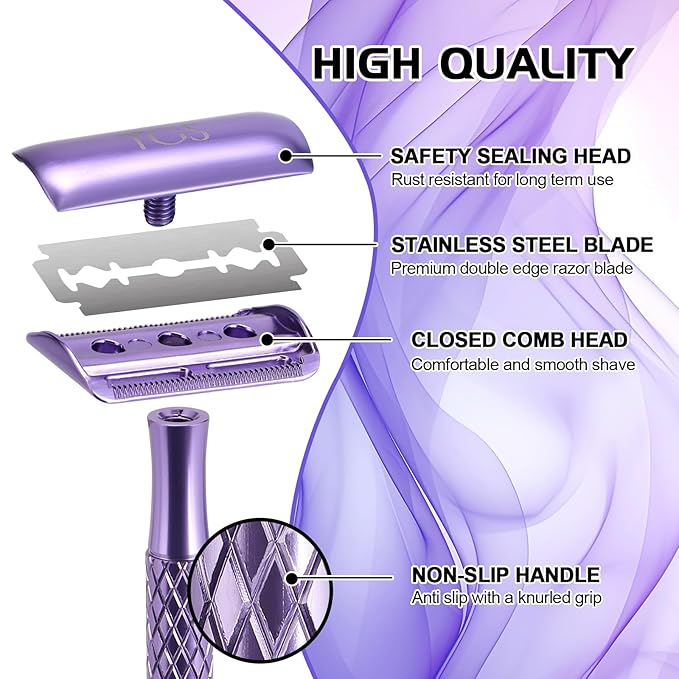Double Edge Safety Razor for Women Purple with 10 Blades and Silicone Cover - Durable Metal Eco-Friendly Single Blade Razor - Closed Smooth Shave-Velvo Beauty
