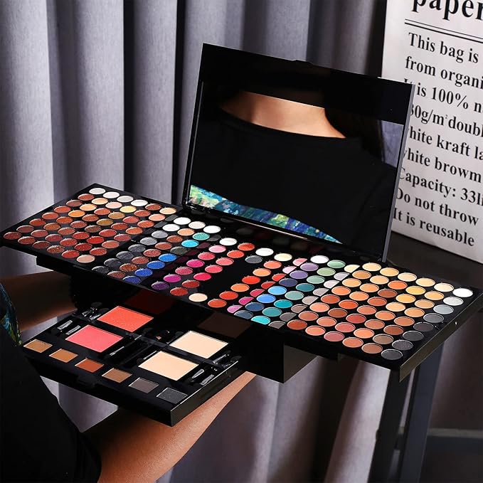Professional Makeup Kit for Women with Mirror All In One Makeup Gift Set for Teens 180 Color Eyeshadow Palette 2 Blush 2 Powder 1 Eyeliner 4 Eyebrow Make Up Sets Matte Shimmer Mixing Pallet Eye Shadow-Velvo Beauty