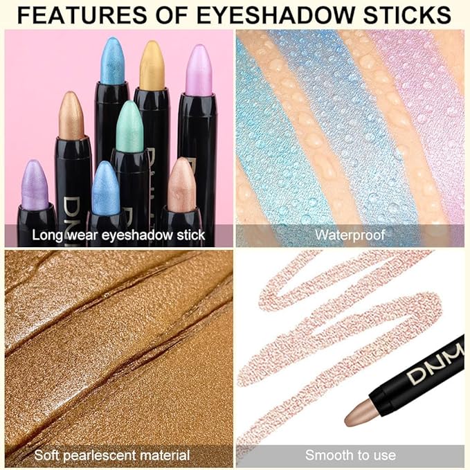8Pcs Glitter Eye Shadow Sticks Liner Pencils Makeup Set, Desert Mocha Beige Gold Light Purple Pink Sky Dazzling Blue Geen Glitter Shimmer Eyeliner Pencil Cream Eyeshadow Palette Makeup for Older Women-Velvo Beauty