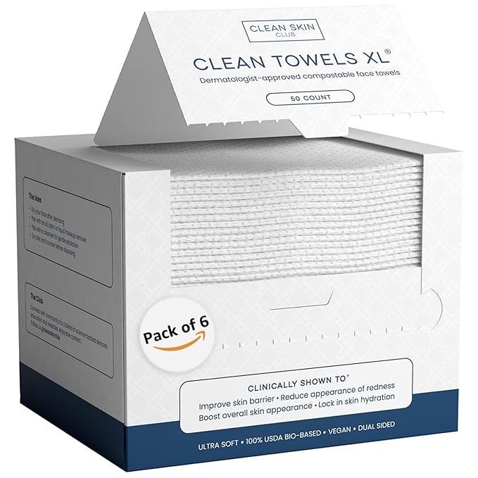 Clean Skin Club Clean Towels XL™, 100% USDA Biobased Dermatologist Approved Face Towel, Disposable Clinically Tested Face Towelette, Facial Washcloth, Makeup Remover Dry Wipes, 300 ct, 6 pack-Velvo Beauty