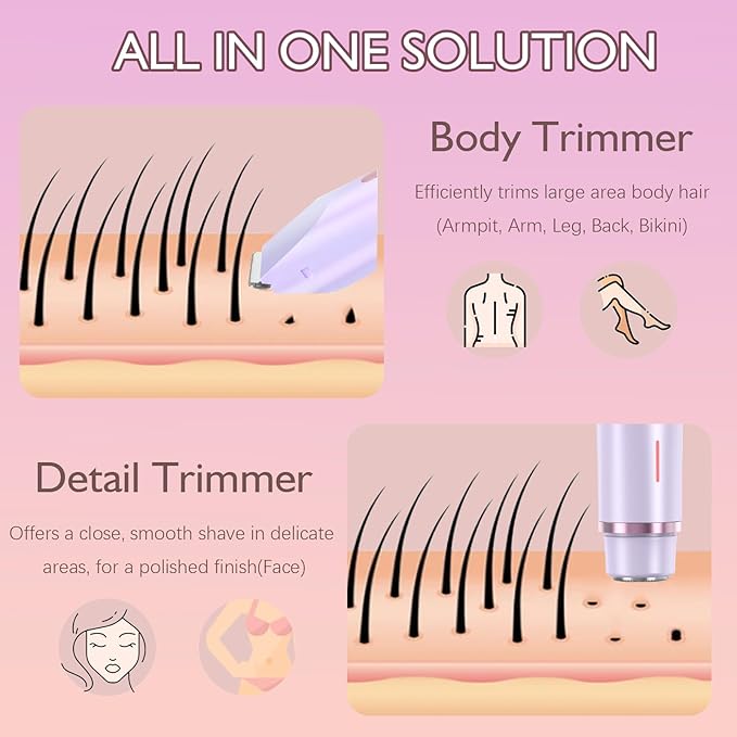 Bikini Trimmer for Women, 2 in 1 Dual-Head Electric Shaver for Women Pubic Hair, Waterproof Wet/Dry Use Body Hair Trimmer and Face Razors, Rechargeable Hair Removal for Bikini Legs Face Underarm Arm-Velvo Beauty