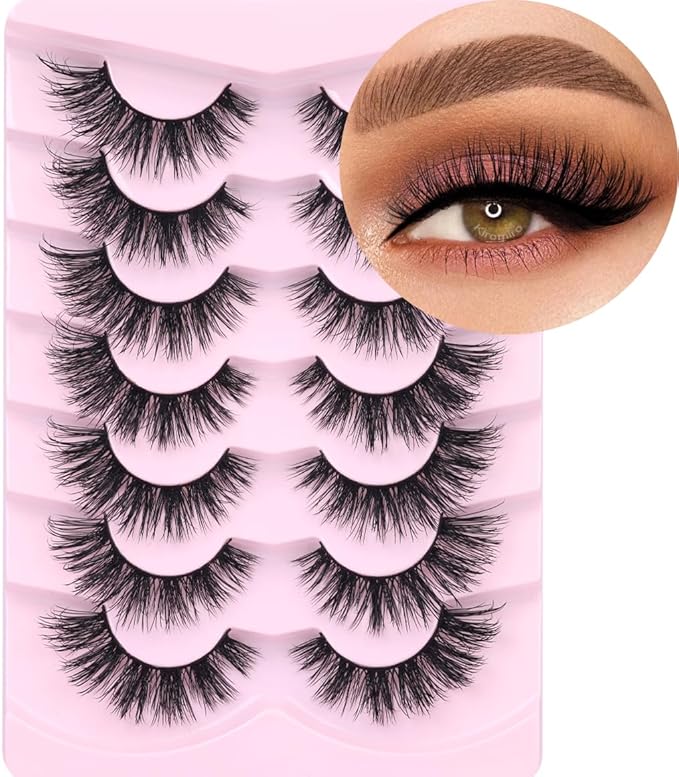 Mink Lashes False Eyelashes Natural Look Wispy Cat Eye Flat Lashes 3D Mink Lashes Natural Fake Lashes 18mm Strip Lashes Pack 7 Pairs-Velvo Beauty