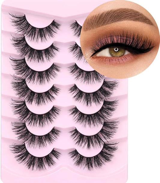 Mink Lashes False Eyelashes Natural Look Wispy Cat Eye Flat Lashes 3D Mink Lashes Natural Fake Lashes 18mm Strip Lashes Pack 7 Pairs-Velvo Beauty