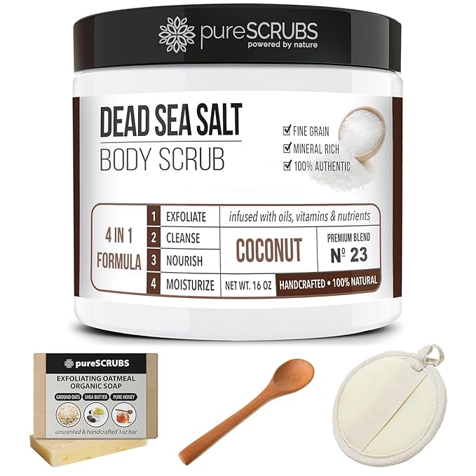 pureSCRUBS Premium Coconut Body Scrub Set - Large 16oz Dead Sea Salt Body Scrub With Infused Essential Oils & Nutrients, Includes Wooden Spoon, Loofah & Oatmeal Exfoliating Bar Soap-Velvo Beauty