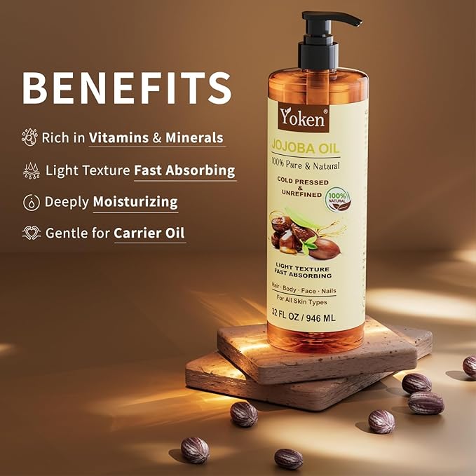 Yoken 32 fl oz (EWG Verified) 100% Pure Jojoba Carrier Oil - Unrefined, Hexane-Free, Cold Pressed for Skin, Face, Hair, Nails, and Massage-Velvo Beauty