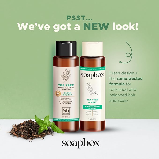 Soapbox Tea Tree Shampoo and Conditioner Set, Scalp Balancing with Tea Tree Oil, Jojoba Oil, Aloe and Shea Butter to Clean and Purify for All Hair Types, 16 Ounces Each (Pack of 2)-Velvo Beauty