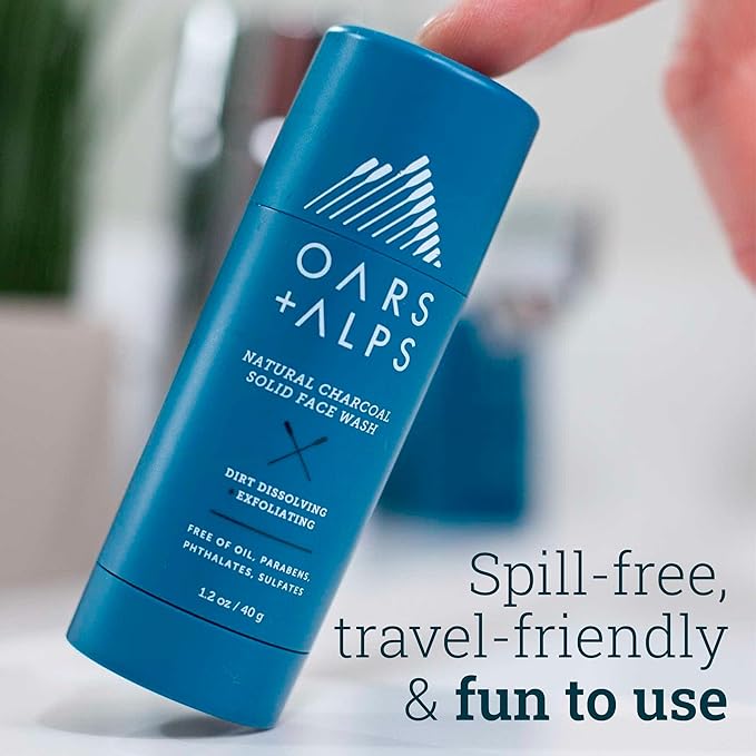 Oars + Alps Exfoliating Face Wash Stick, 2-in-1 Facial Cleanser & Exfoliant with Activated Charcoal, Alpine Moss, Dermatologist Tested, Spill Free, Travel Size, 1.2 Oz-Velvo Beauty