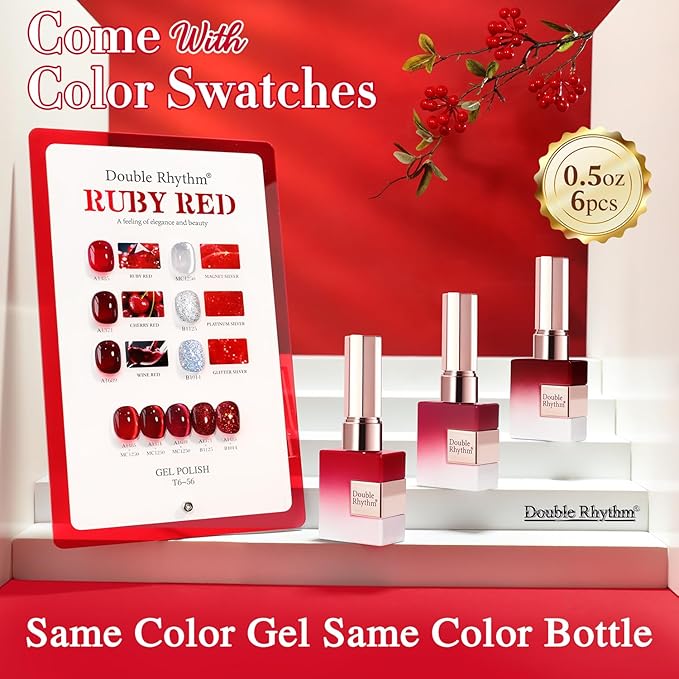 Double Rhythm 6 Pcs 15 ML Gel Polish Set Same Color Same Bottle Soak Off Gel Polish Kit Nail Art Manicure Salon DIY at Home for Women (Jelly Burgundy Red Glitter Silver -T6-56)-Velvo Beauty