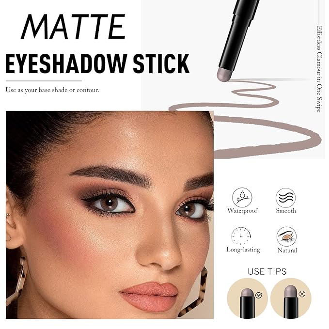 Eyeshadow Stick Gray Brown, Matte Cream Eye Shadow Stick Waterproof Neutral Nude Eyeliner Brightener Pencil Crayon Long-Lasting Eye Highlighter Makeup for Older Women Easy to Use High Pigmented-Velvo Beauty