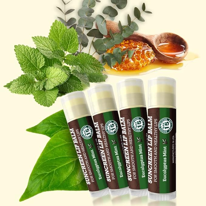 SPF Lip Balm 4-Pack by Earth's Daughter - Lip Sunscreen, SPF 15, Organic Ingredients, Eucalyptus Mint Flavor, Beeswax, Coconut Oil, Vitamin E - Hypoallergenic, Paraben Free, Gluten Free-Velvo Beauty