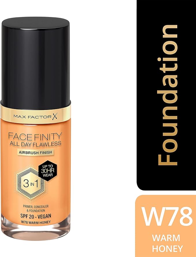 Max Factor Facefinity 3-in-1 All Day Flawless Liquid Foundation, SPF 20-78 Warm Honey, 30 ml-Velvo Beauty