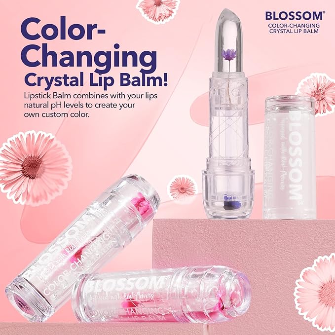 Blossom Moisturizing Custom Color Changing Crystal Lip Balm Strawberry Scented Lip Stain Tint, Mini Coconut Rollon Scented Lip Gloss, Infused with Real Flowers, 2 pk, Coconut/Purple-Velvo Beauty