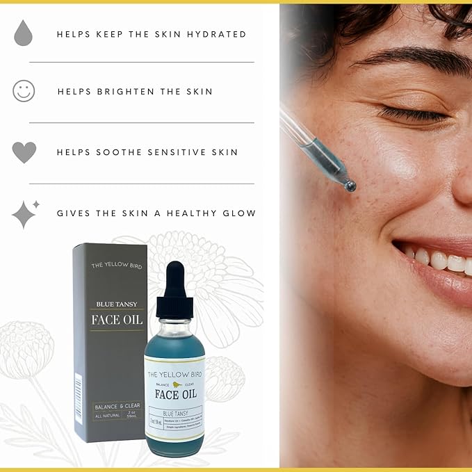 Yellow Bird Balancing Blue Tansy Face Oil 2 oz / 59 ml – Skin Glowing Serum. Collagen Support. Promotes Clear Skin Naturally. Wrinkle, Blemish & Pore Minimizer. Natural, Vegan Facial Moisturizer.-Velvo Beauty