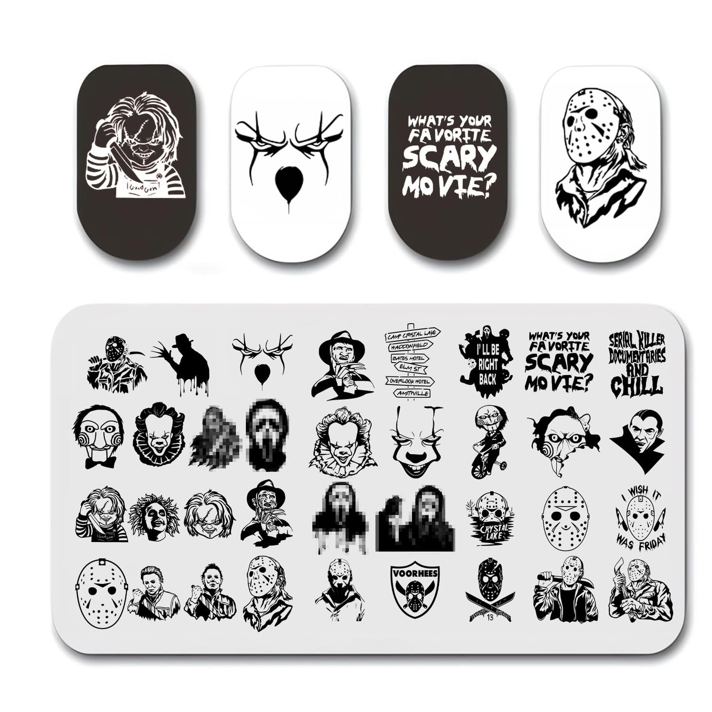 Halloween Nail Stamping Plates Horror Movie Characters Nail Art Stamp Plates Halloween Scary Face Nail Art Stamping Template Holiday Nail Manicure Decorations Supplies 1Pcs-Velvo Beauty