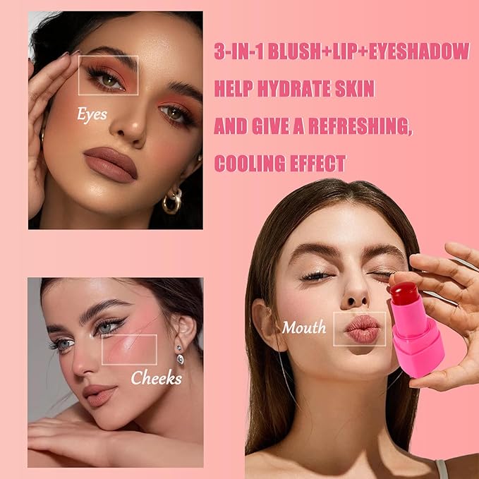 Water Jelly Tint Blush, 3-In-1 Multi-Use Blush Cream Blush Stick for Eyes, Cheeks & Lips, Hydrating & Bouncy Jelly Texture, Blends Perfect for Skin Portable Multipurpose Long Lasting Waterproof(04, s)-Velvo Beauty