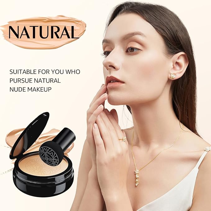 Mushroom Head Air Cushion CC Cream Foundation - Moisturizing & Long-Lasting BB Cream Concealer Makeup Base for All Skin Types, Brighten Long - Lasting Even Color Correcting Concealer (Natural)-Velvo Beauty