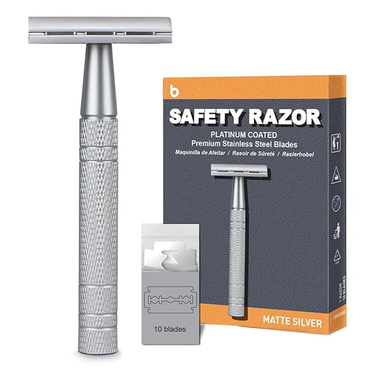Double Edge Safety Razor, Single Blade Razors for Men and Women, with 10 Double Edge Blades, Reusable Metal 1 Blade Razor, Eco-Friendly, Zero Waste, Smooth and Close Shave, Matte Silver-Velvo Beauty