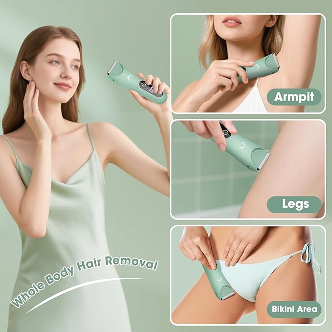 Bikini Trimmer for Women, Painless Pubic Hair Trimmer for Armpit Leg Arm Body Private Area,Rechargeable Womens Electric Razors Shaver LED Light Ceramic Blade IPX7 Waterproof Wet/Dry LCD Display,Green-Velvo Beauty