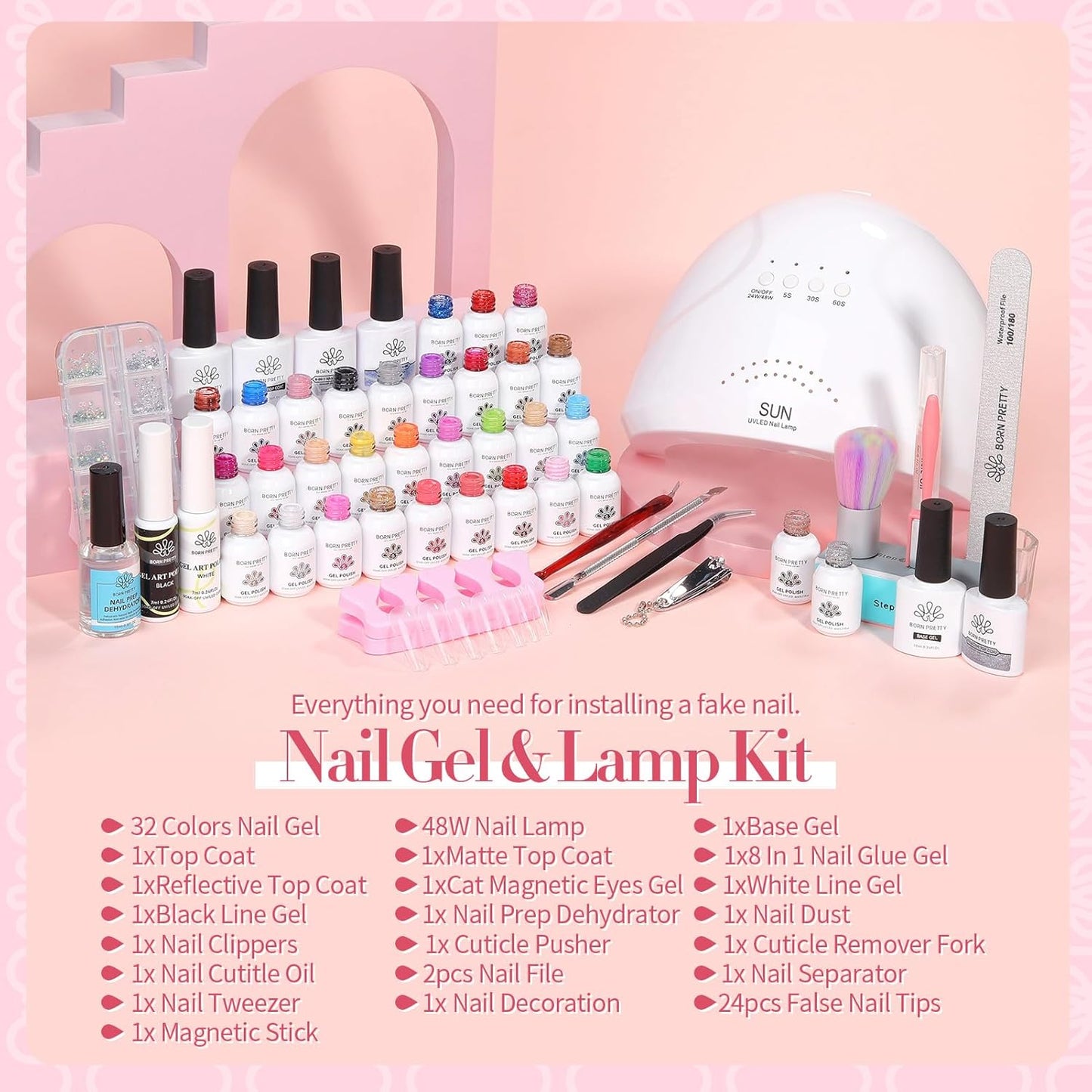 BORN PRETTY 77PCS Gel Nail Polish Starter Kit With U V/LED kit for Beginners 48W 32Colors Nude Pink Cat Magnetic Eyes Glitter Set Reflective Base Top Coat Liner Art Manicure Ideal Gifts-Velvo Beauty