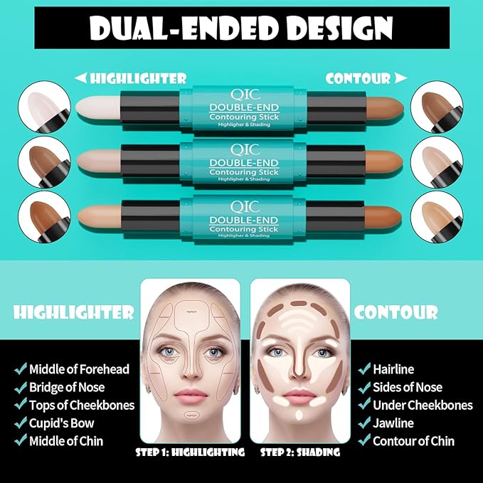 MEICOLY 2-in-1 Highlighter Contour Stick,Cool Toned Contour Stick,Makeup Highlighter Stick,Long Lasting Waterproof Bronzer Contour Pencil,Travel Cream Face Shaping Stick,02-Velvo Beauty