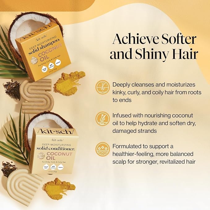 Kitsch Coconut Oil Shampoo and Conditioner Set – Deep Moisturizing Shampoo and Conditioner Bar for Dry Damaged Hair – Hydrating Solid Bars for Curly, Coily & Color Treated Hair – Made in USA-Velvo Beauty