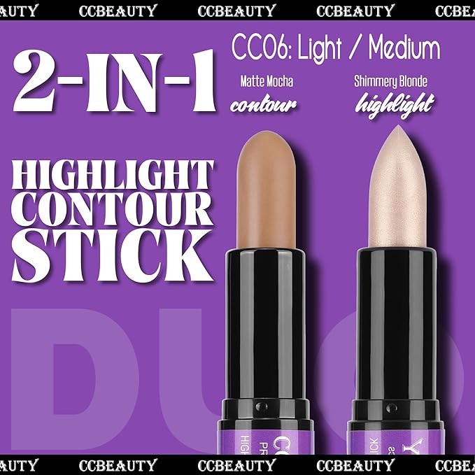 CCbeauty 2pcs 2-IN-1 Shimmer Contour Highlighter Stick with Blush,Cream Dual-End Highlight Bronzer Concealer & Blusher for Cheeks & Lip, Long Lasting Contouring for Face Shaping Makeup, Light-Medium-Velvo Beauty