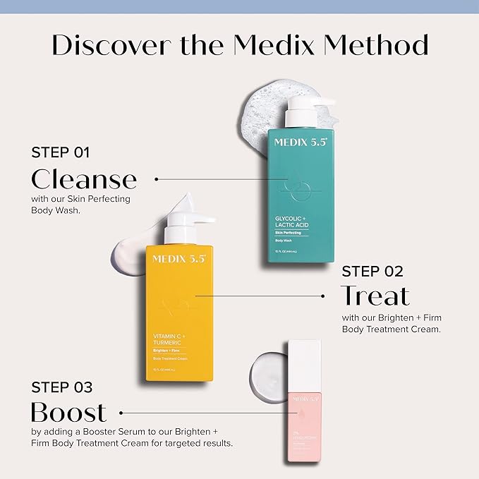 MEDIX 5.5 Exfoliating AHA Glycolic Acid Face & Body Scrub Cleanser + Vitamin C Moisturizing Body Cream Lotion Skin Care 2PC Set | Alpha Hydroxy Acid & Lactic Acid Foaming Body Wash & Face Wash, 2-PC-Velvo Beauty