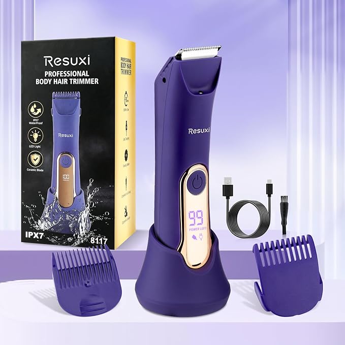 RESUXI Electric Bikini Trimmer for Women,Pubic Hair Trimmer Ceramic Blade Electric Razors Shaver for Underarm Leg Arm Body Hair Private Area,Wet/Dry IPX7 Waterproof Rechargeable LCD Display LED Light-Velvo Beauty