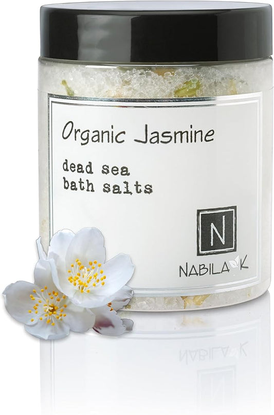 Organic Jasmine Bath Salts by Nabila K - Dead Sea Salt & Epsom Salt Scrub & Soak - Exfoliates & Hydrates Skin, Botanical Essential Oils - Bubble Bath Accessories for All Skins Types, 8 oz-Velvo Beauty