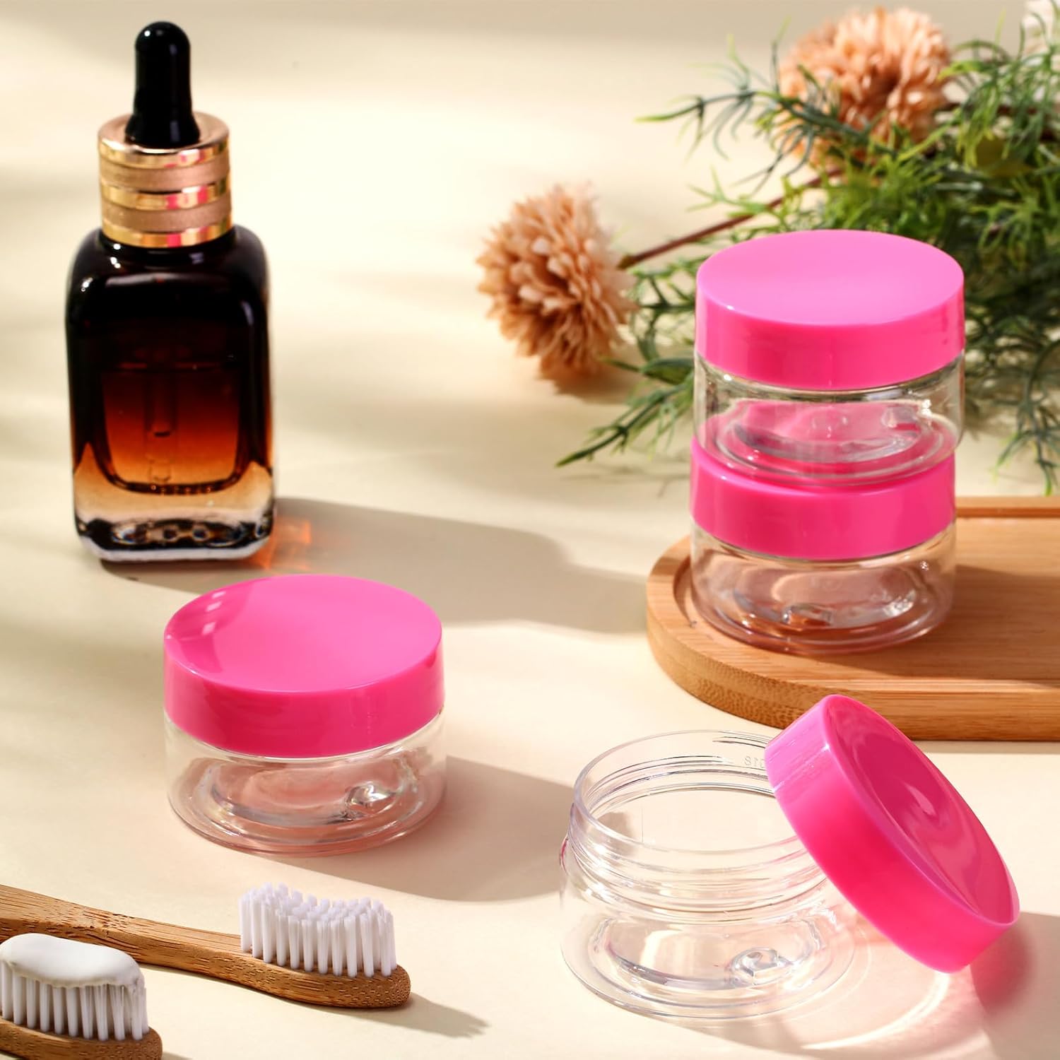SATINIOR 100 Pcs Plastic Jars with Lids Small Containers Lids Wide Mouth Small Plastic Containers for Lotion Cream Rhinestones Body Butters Travel Storage(1 oz,Pink)-Velvo Beauty