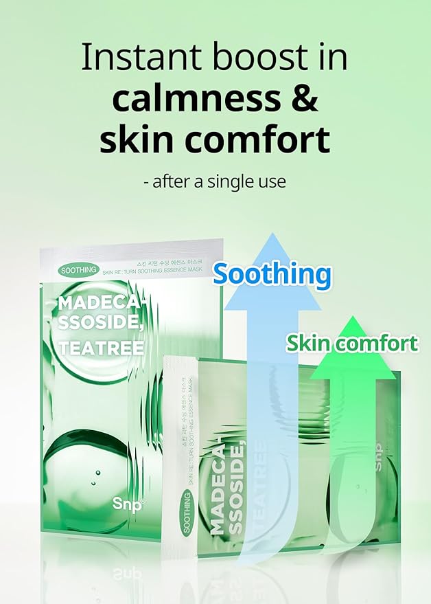 SNP Skin Return Soothing Essence Sheet Mask | Moisturizing and Hydrating for All Skin Types | Vegan Sheet Masks with Tea Tree Extract | Korean Face Masks Skincare | Facial Mask | 10 Sheets-Velvo Beauty