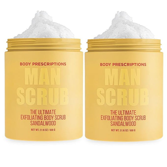 Body Prescriptions Men’s Exfoliating Body Scrub – Ultimate Skin Cleansing Wash in Jar with Twist-Top Lid, For All Skin Types, 21 Ounce (Pack of 2), Sandalwood-Velvo Beauty