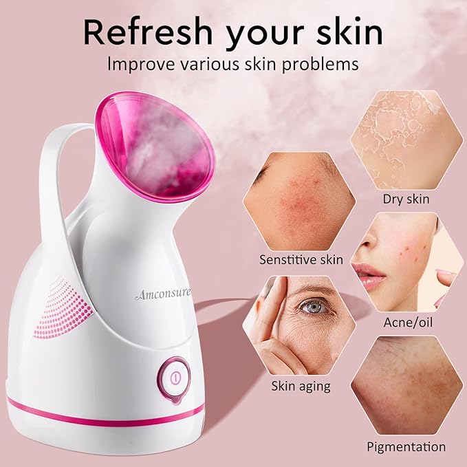 Amconsure Facial Steamer - Nano Ionic Face Steamer Warm Mist Steamer for Home Sauna SPA, Humidifier for Face Steamer for Deep Cleaning Unclogs Pores Sinuses - Bonus 5 Piece Stainless Steel Skin Kit-Velvo Beauty