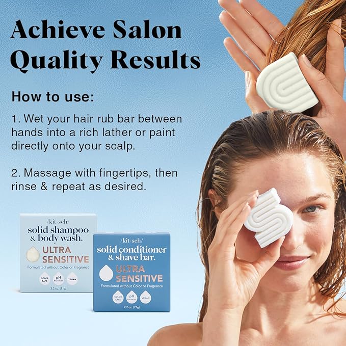 Kitsch 2-in-1 Ultra Sensitive Shampoo Bar & Body Wash + Conditioner Bar & Shaving Soap – Fragrance-Free Bar Soap for Sensitive Skin & Scalp - For Healthy, Radiant Hair and Skin - Made in USA – 2pcs-Velvo Beauty