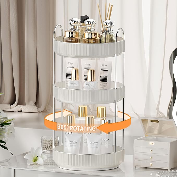 Rotating Makeup Organizer for Vanity,3 Tier High-Capacity Skincare Clear Make Up Storage Perfume Organizers Cosmetic Dresser Organizer Countertop 360 Spinning-Velvo Beauty